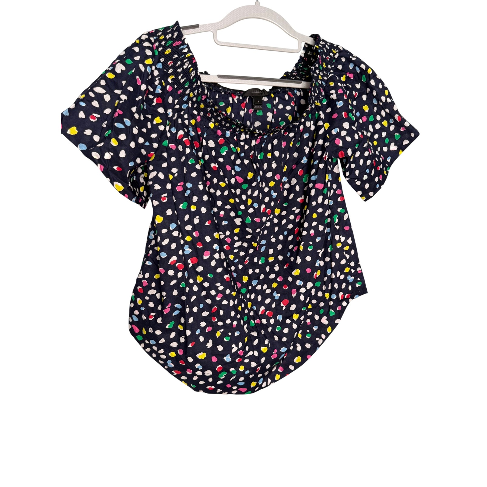 Nwt J.Crew Navy Blue Off The Shoulder Polka Dot Colorful Blouse